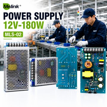 Melink MLS-02 12V Power Supply, 180W, Switching Power Supply, SMPS, CCTV, LED Strip, AC to DC ko include karte hain.