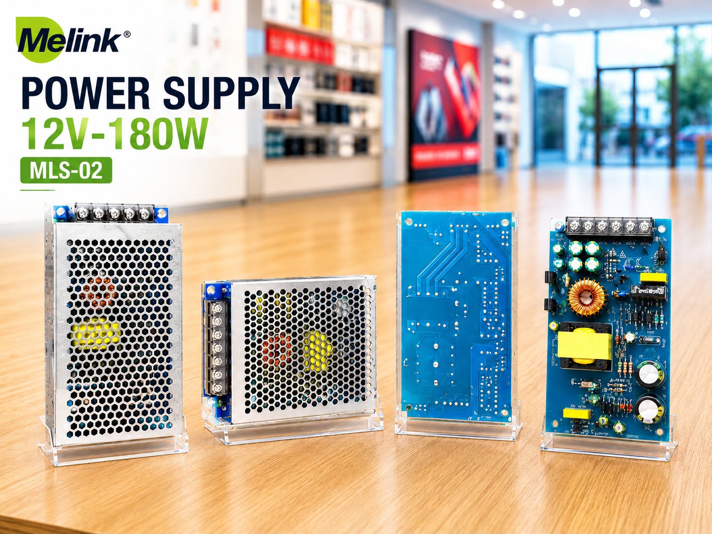 Melink MLS-02 12V Power Supply, 180W, Switching Power Supply, SMPS, CCTV, LED Strip, AC to DC ko include karte hain.