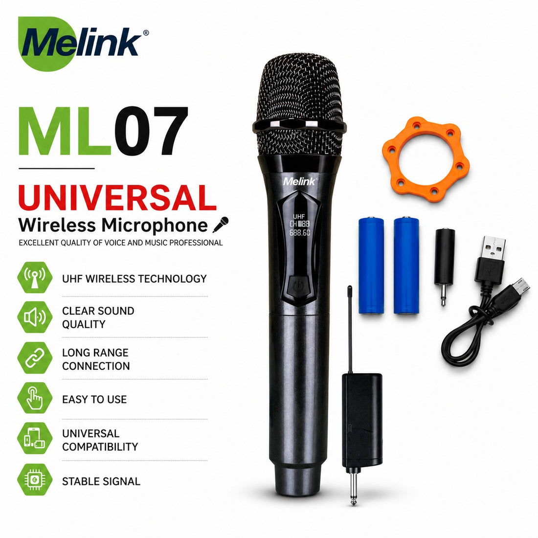Melink ML07 UHF Wireless Microphone with Receiver – Universal Rechargeable Handheld Mic for Karaoke, Events & Public Speaking