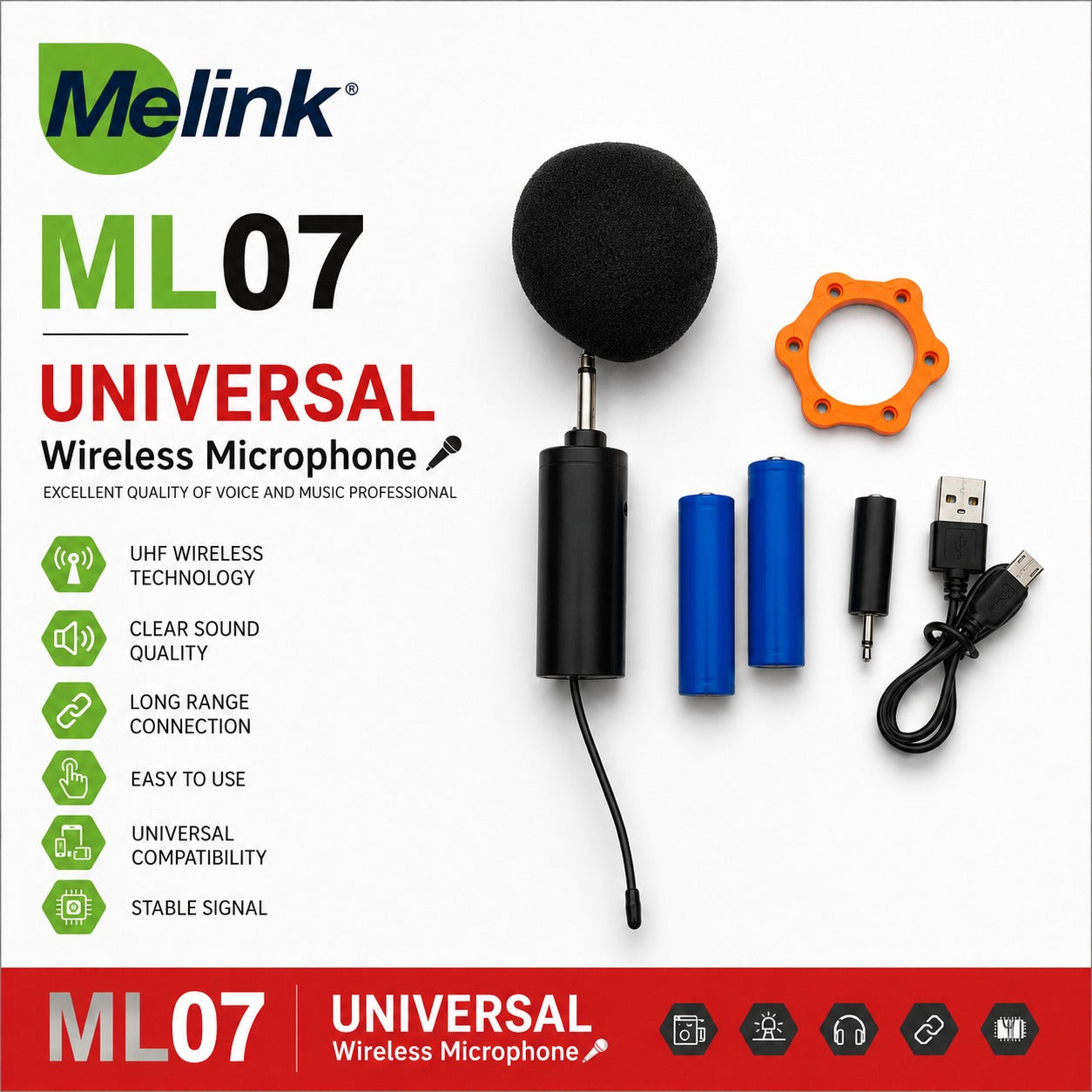 Melink ML07 UHF Wireless Microphone with Receiver – Universal Rechargeable Handheld Mic for Karaoke, Events & Public Speaking