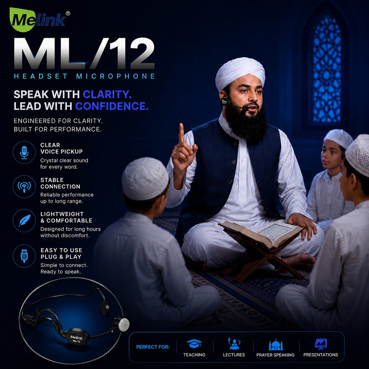 Melink ML-12 Professional Wired Headset Microphone 5-Metre long Wired – High Clarity Voice Pickup for Teaching, Lectures, Mosque & Public Speaking