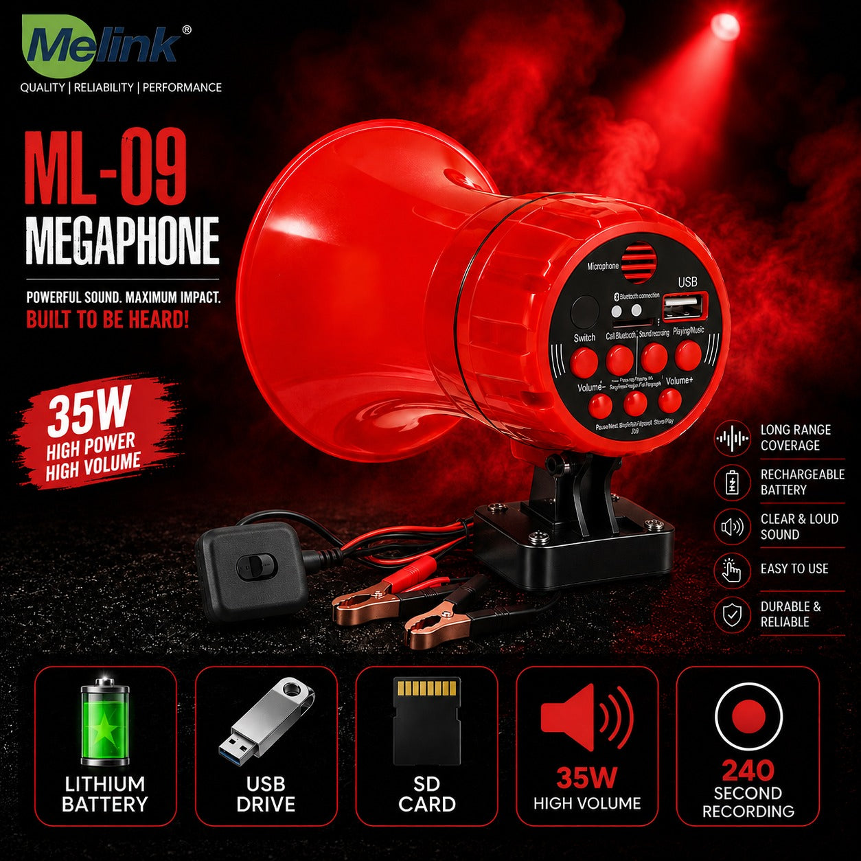 MELINK ML-11 Wired 35W Emergency Vehicle Megaphone with USB, SD Card & 240 Second Recording