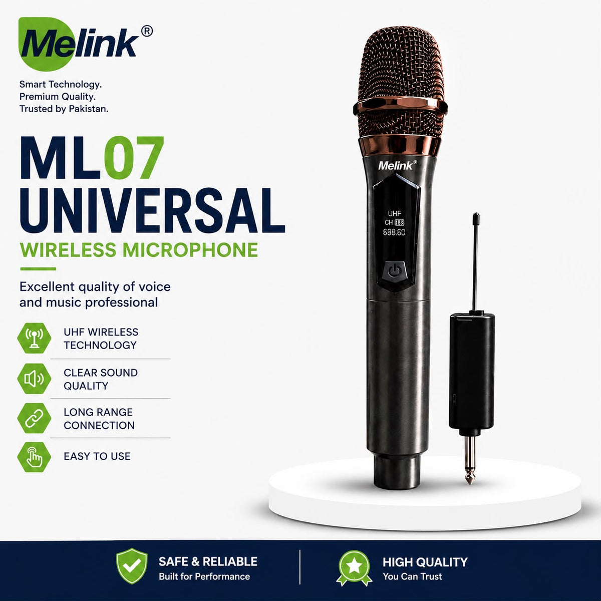 Melink ML07 UHF Wireless Microphone with Receiver – Universal Rechargeable Handheld Mic for Karaoke, Events & Public Speaking