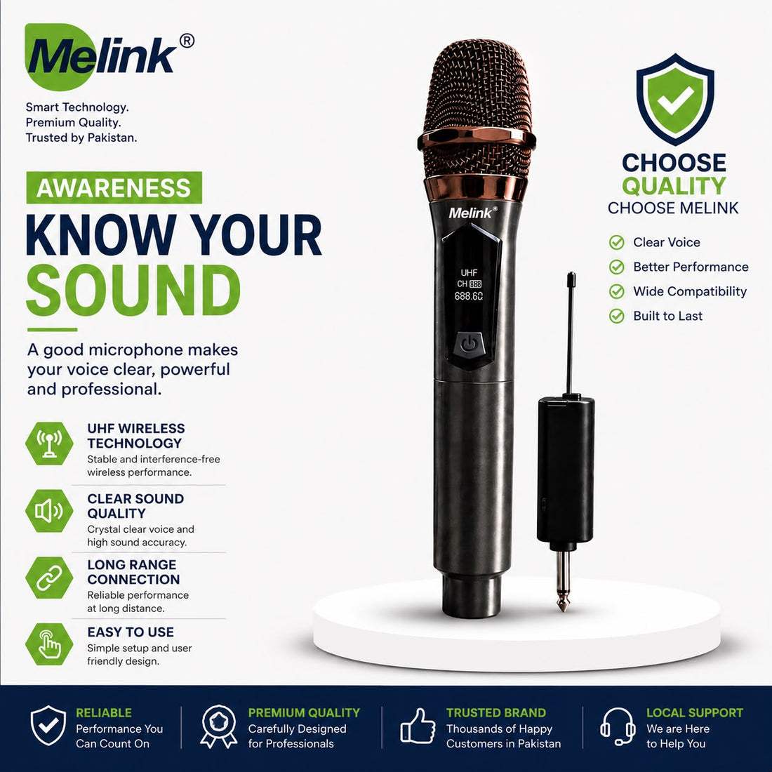 Melink ML07 UHF Wireless Microphone with Receiver – Universal Rechargeable Handheld Mic for Karaoke, Events & Public Speaking