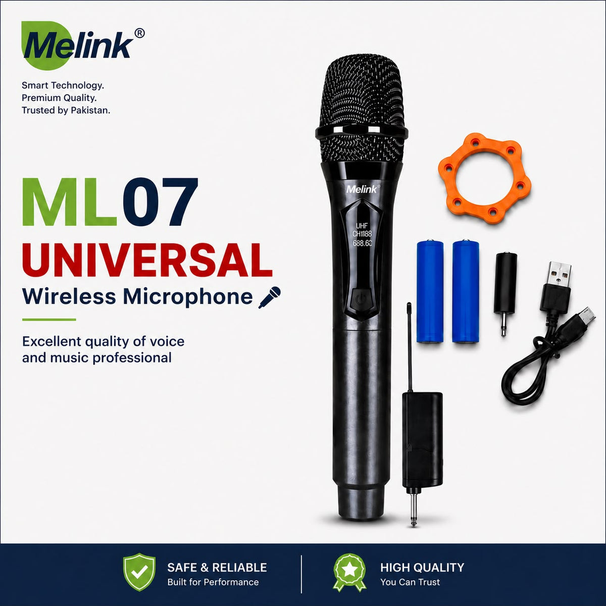 Melink ML07 UHF Wireless Microphone with Receiver – Universal Rechargeable Handheld Mic for Karaoke, Events & Public Speaking