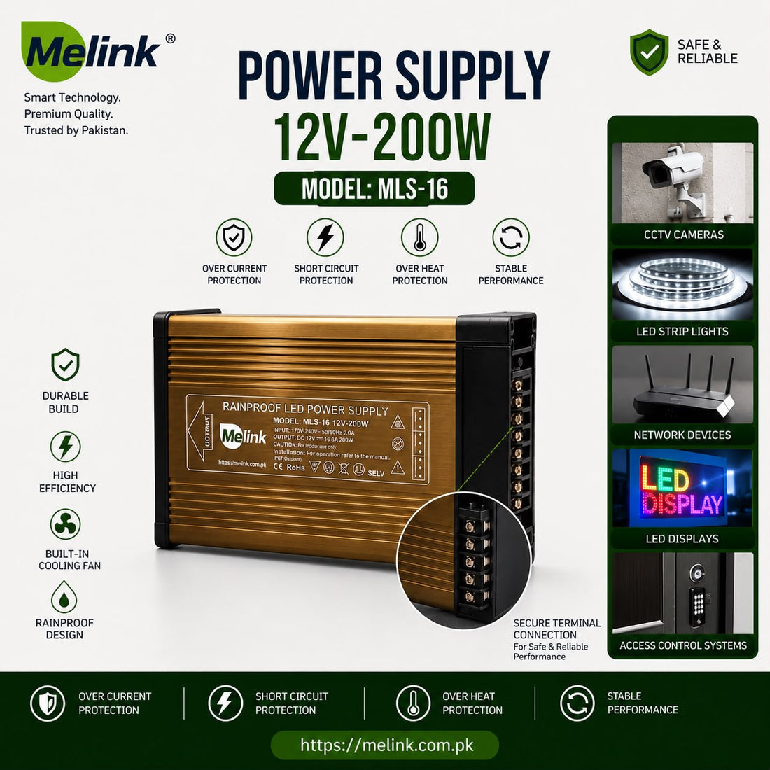 Melink MLS-16 12V 200W Power Supply – Rainproof LED Power Supply with Cooling Fan