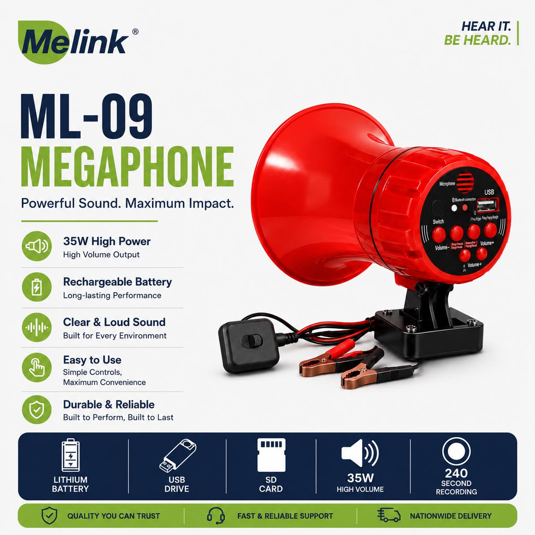 MELINK ML-11 Wired 35W Emergency Vehicle Megaphone with USB, SD Card & 240 Second Recording