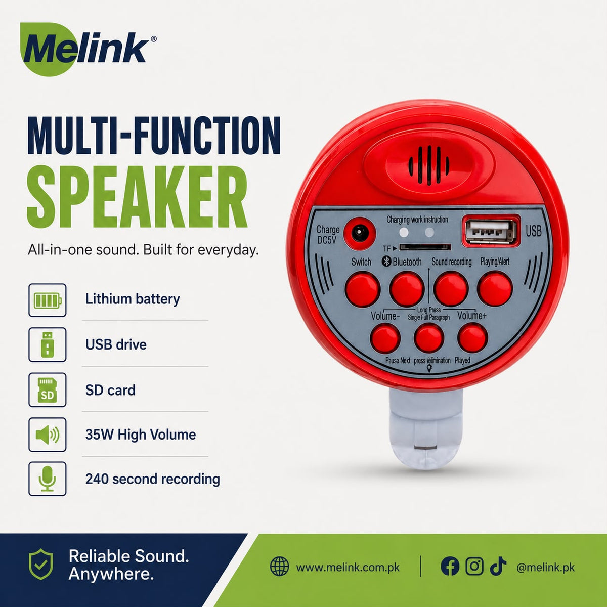 MELINK ML-09 Rechargeable 35W Megaphone with Bluetooth, USB, SD Card & 240 Second Recording
