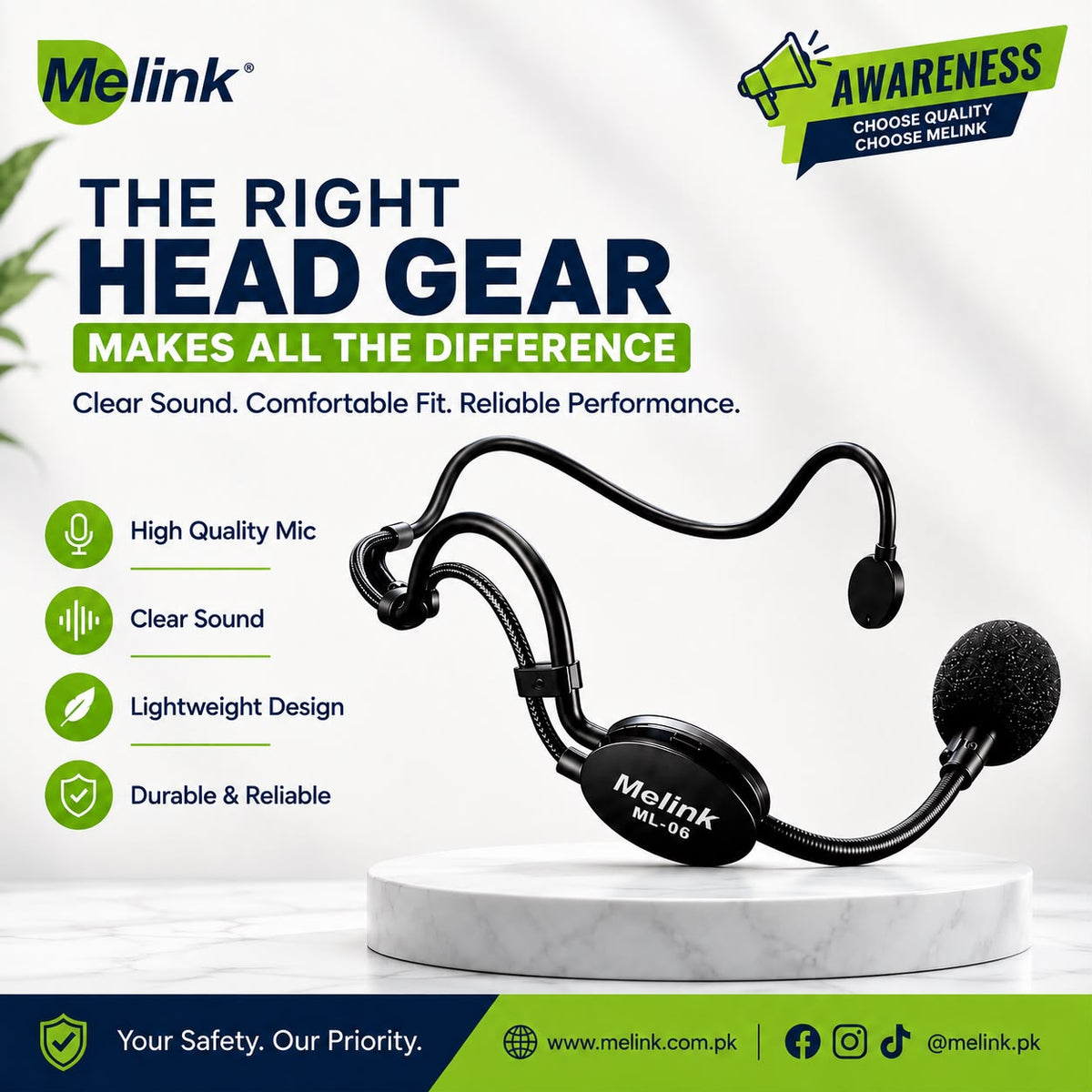 Melink ML-06 Professional Wired Headgear Microphone 10-Metre Long Wired – Lightweight Flexible Mic with Braided Cable for Teaching, Speaking & Events
