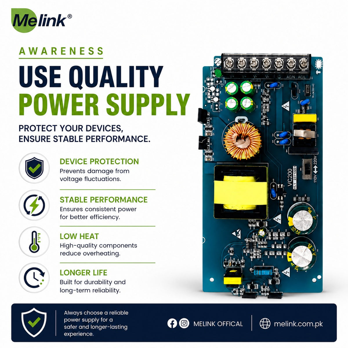 Melink MLS-02 12V Power Supply, 180W, Switching Power Supply, SMPS, CCTV, LED Strip,