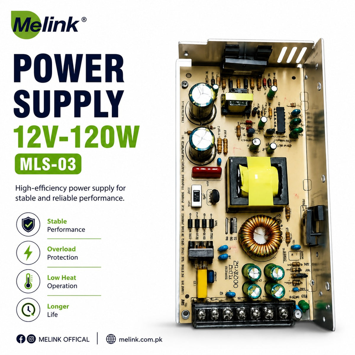 Melink  MLS-03 12V 120W SMPS Power Supply | Stable Output for CCTV Cameras & LED Lights