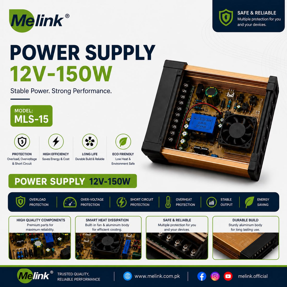 **Melink MLS-15 12V 150W Power Supply – Rainproof LED Power Supply with Cooling Fan**